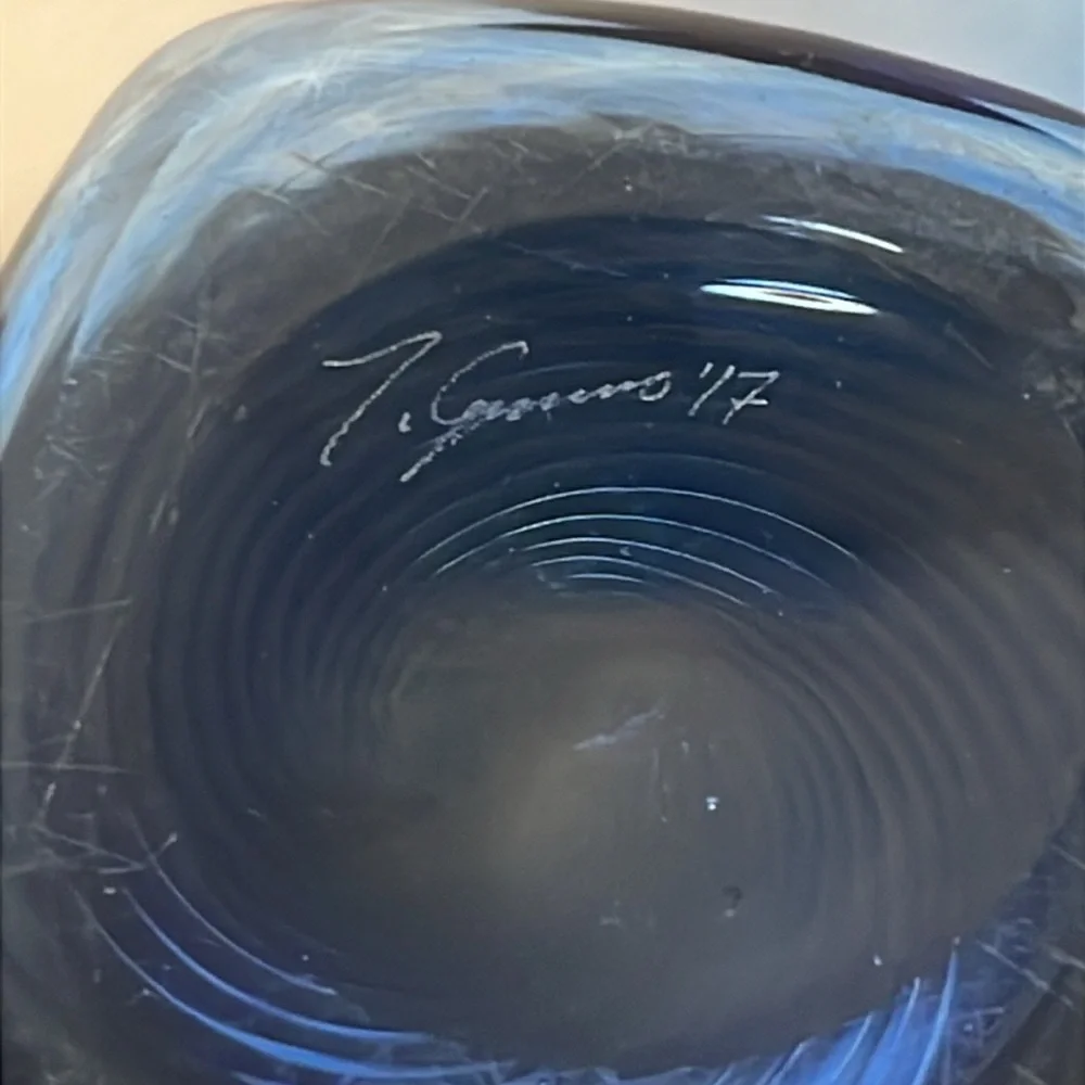 Handmade Blue Optic Squared Glass Tumbler Signed‎ Dated 17